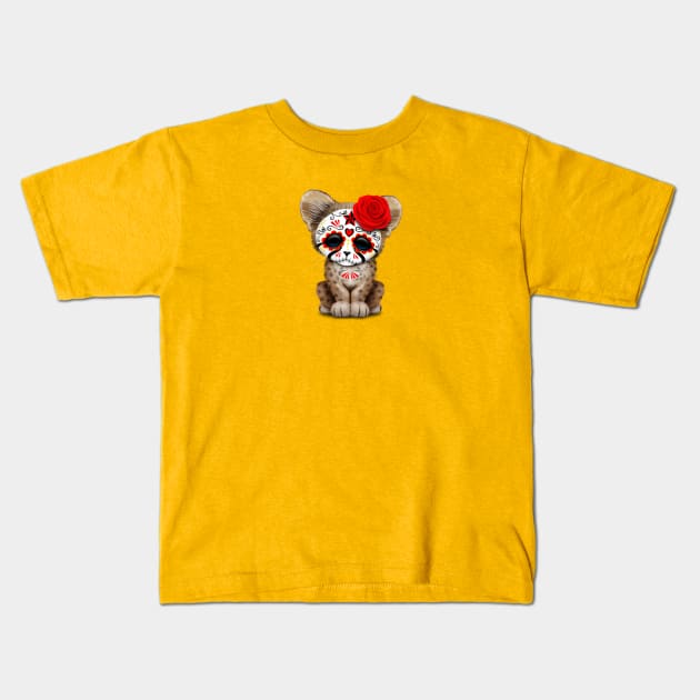 Red Day of the Dead Sugar Skull Cheetah Cub Kids T-Shirt by jeffbartels